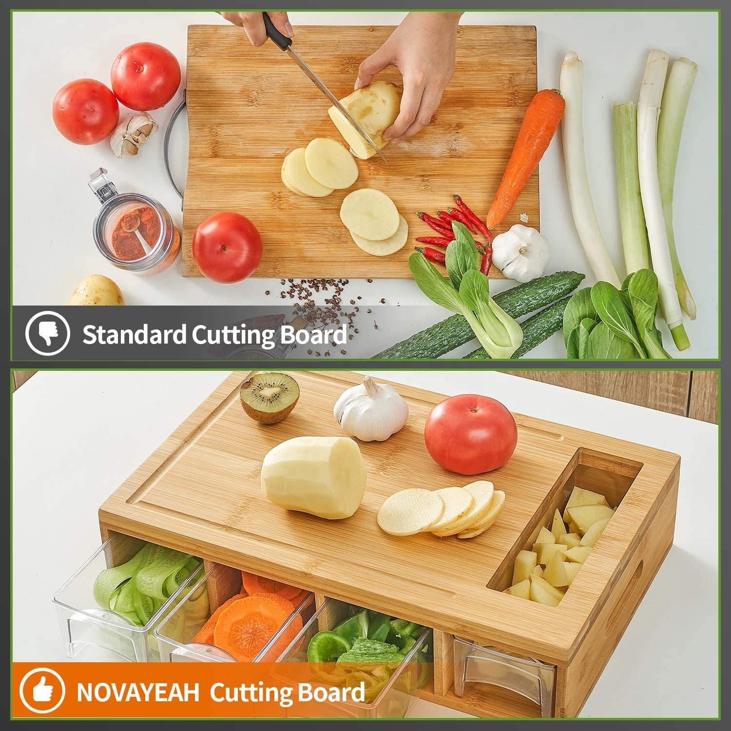 Bamboo Chopping Board With Juice Groove Containers Box Cutting Board with Containers