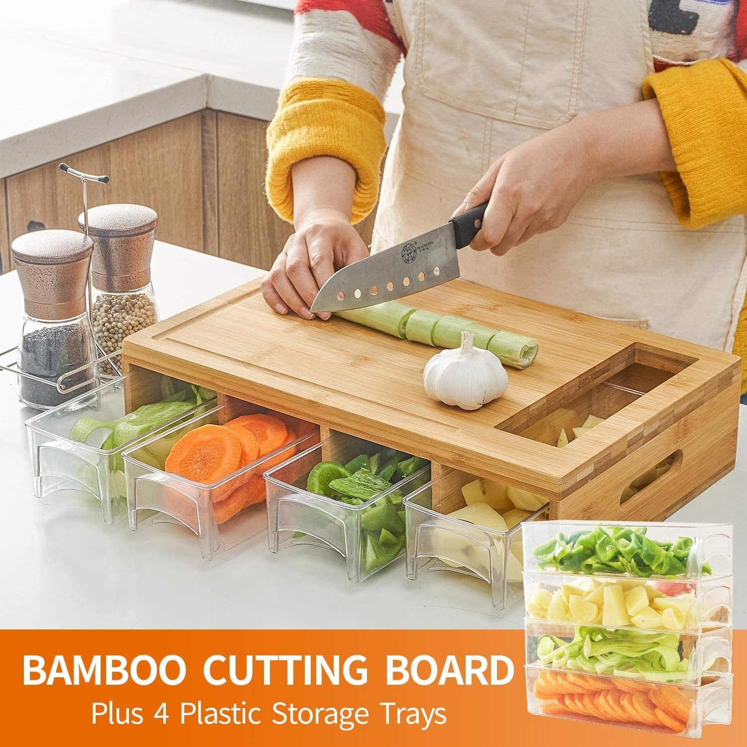 Bamboo Chopping Board With Juice Groove Containers Box Cutting Board with Containers